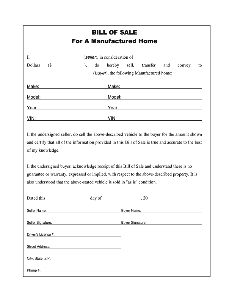 Manufactured Bill Of Sale Fill Out Sign Online DocHub