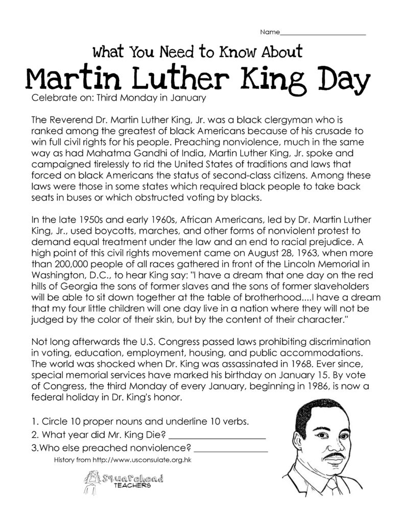 Martin Luther King Day free Worksheet Squarehead Teachers