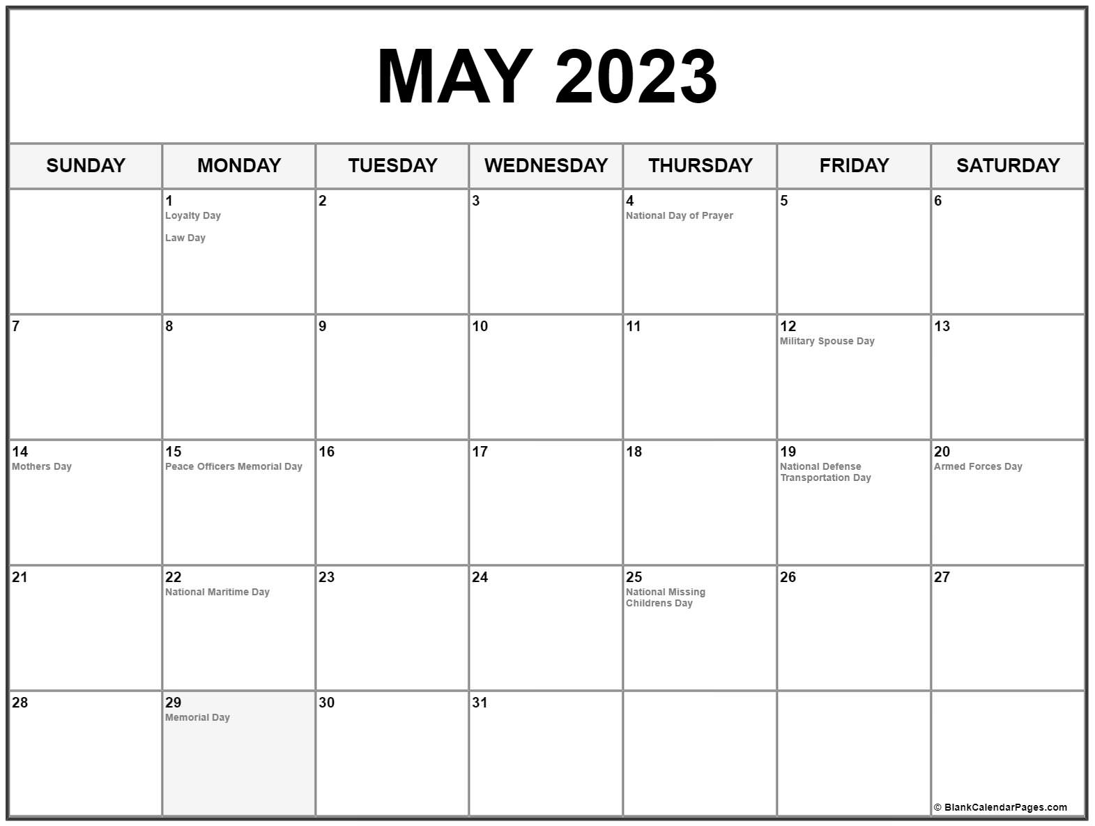 May 2023 Calendar With Holidays Printable