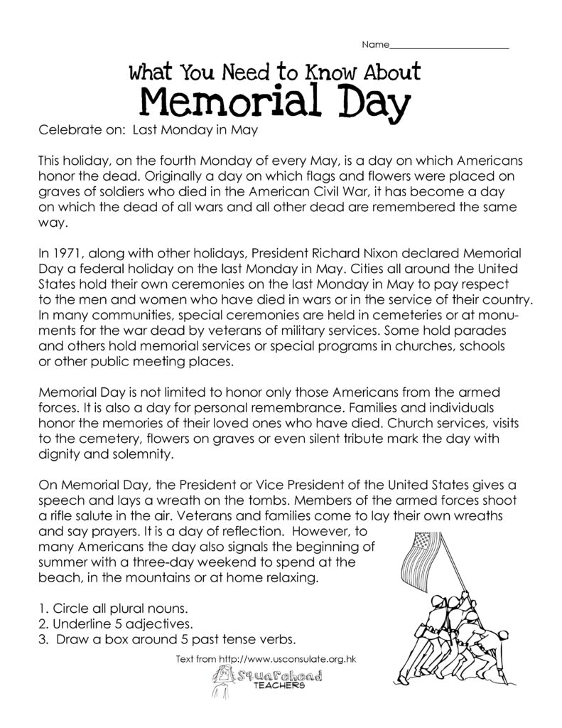 Memorial Day free Worksheet Squarehead Teachers