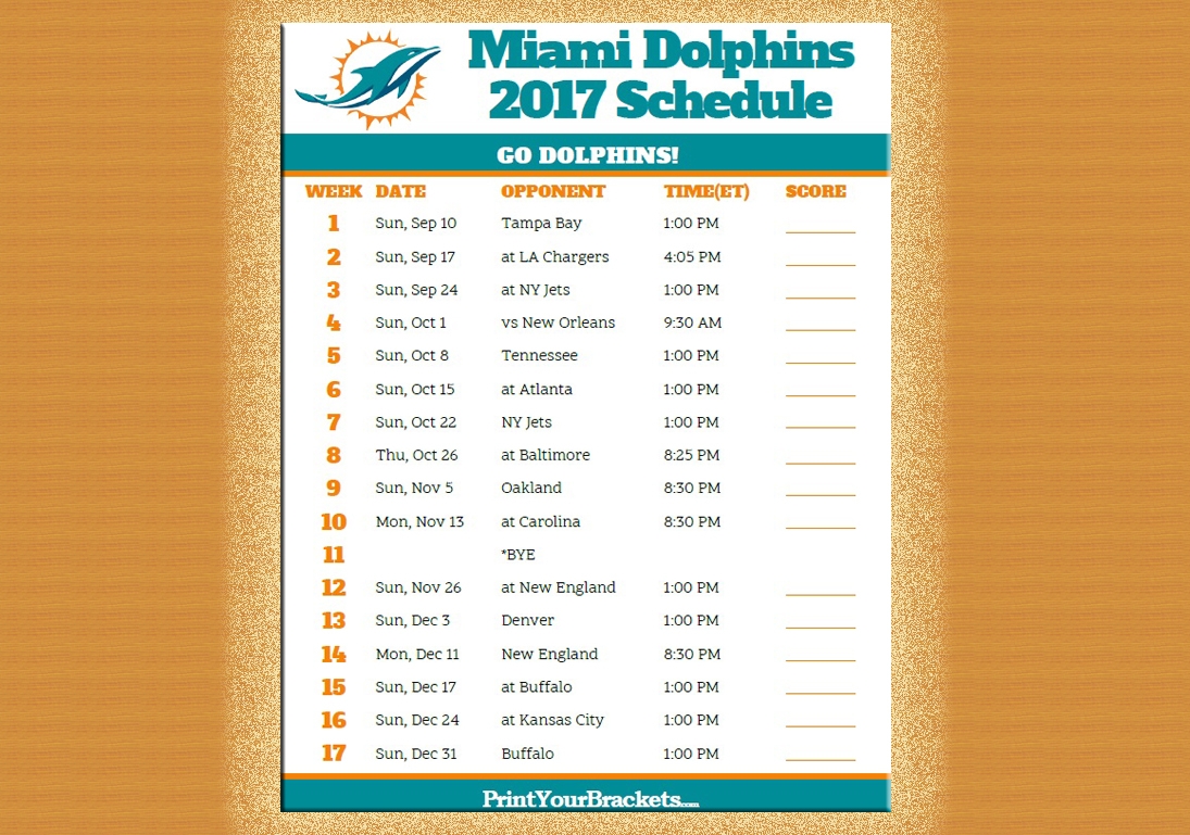 Miami Dolphins Printable Schedule
