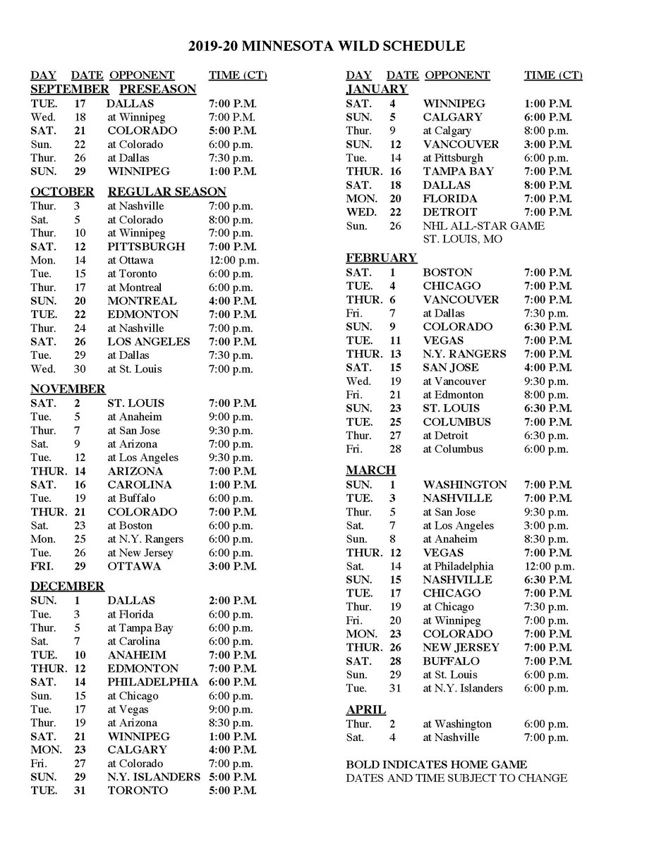 Minnesota Wild Printable Schedule Free Printable Templates