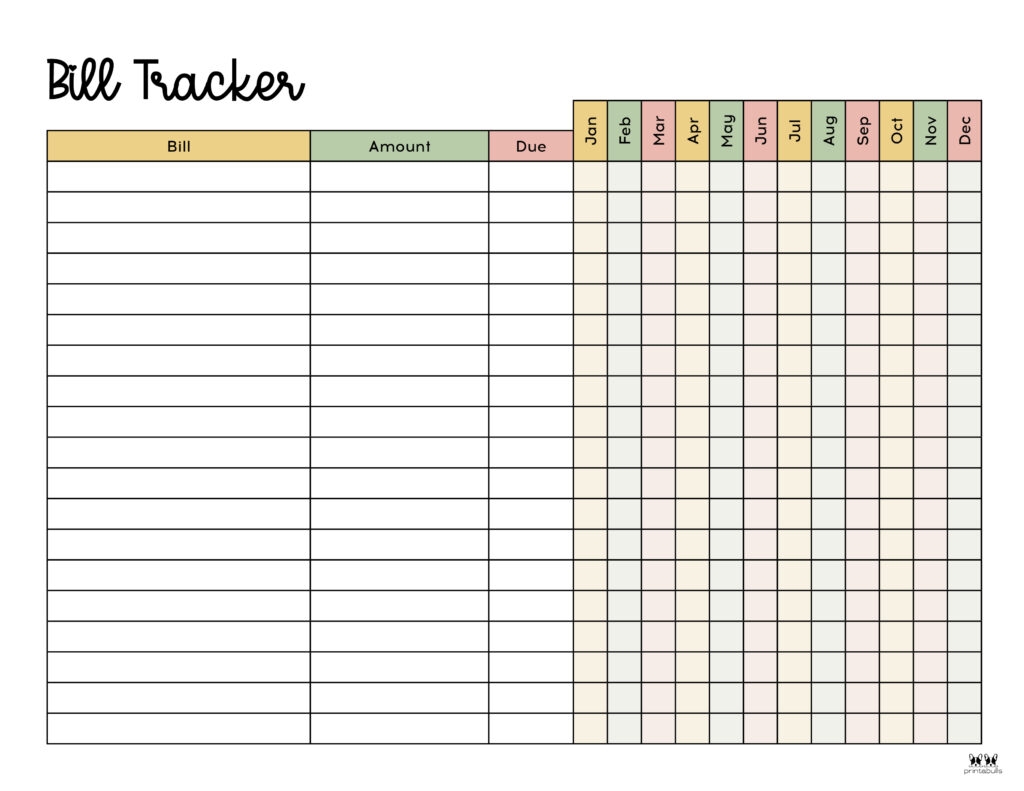 Blank Free Printable Monthly Bill Payment Log