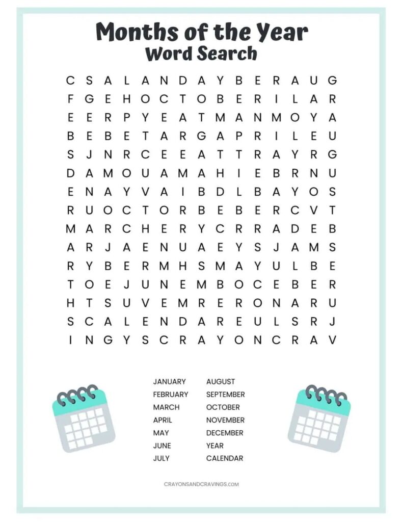 Months Of The Year Word Search Free Printable For Kids