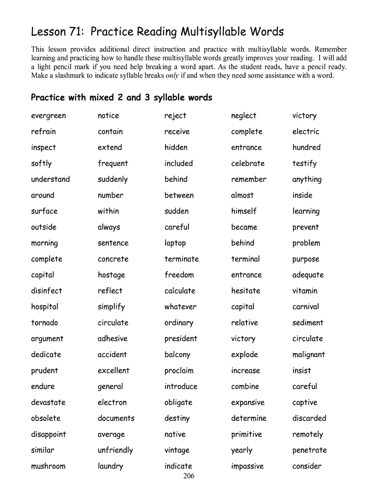 Multisyllabic Word List Pdf Fill Online Printable Fillable Blank PdfFiller