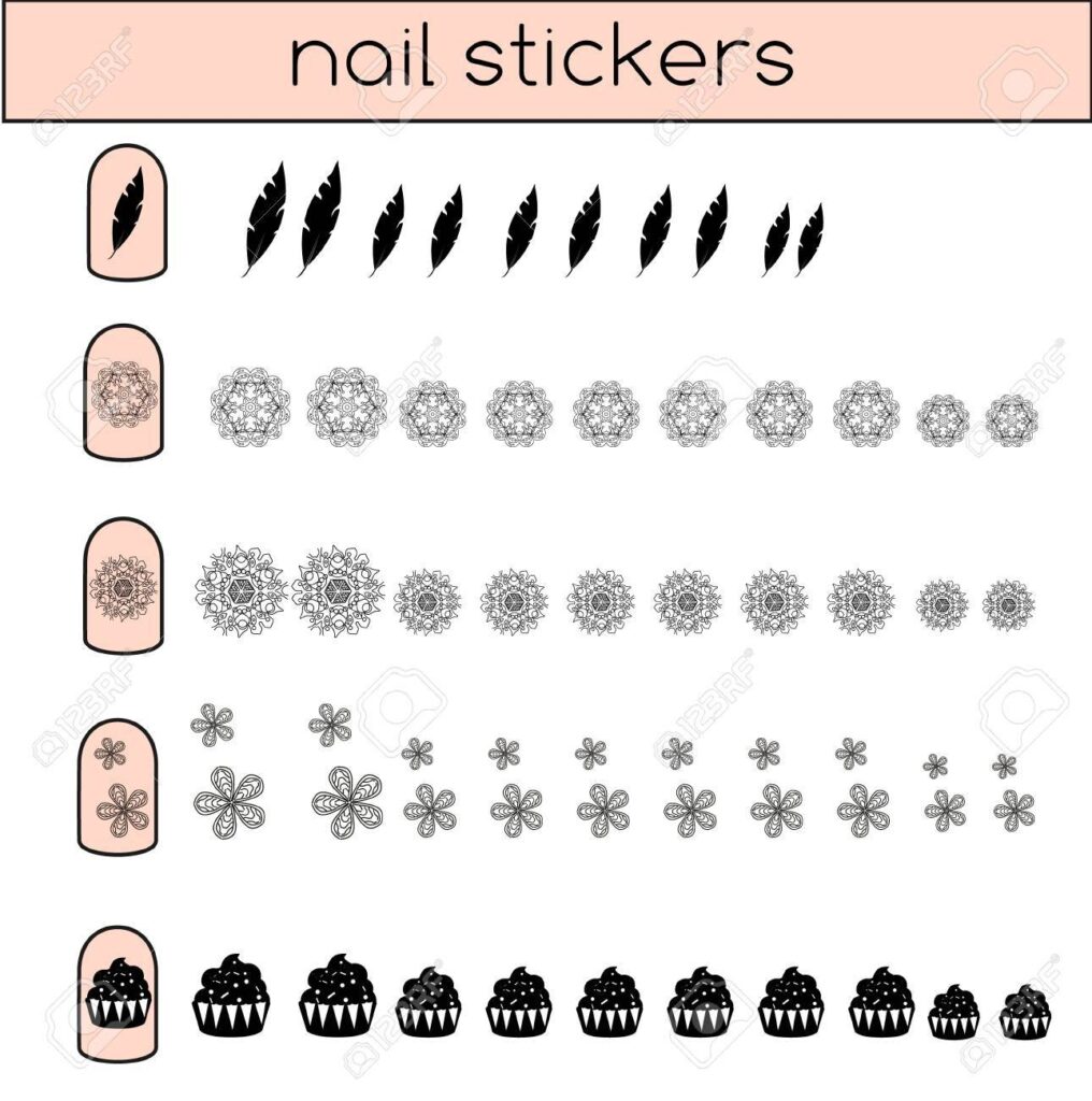 Nail Stickers Set Manicure Nail Art Collection Printable Decorative Elements For Female Fingers Royalty Free SVG Cliparts Vectors And Stock Illustration Image 74475492 