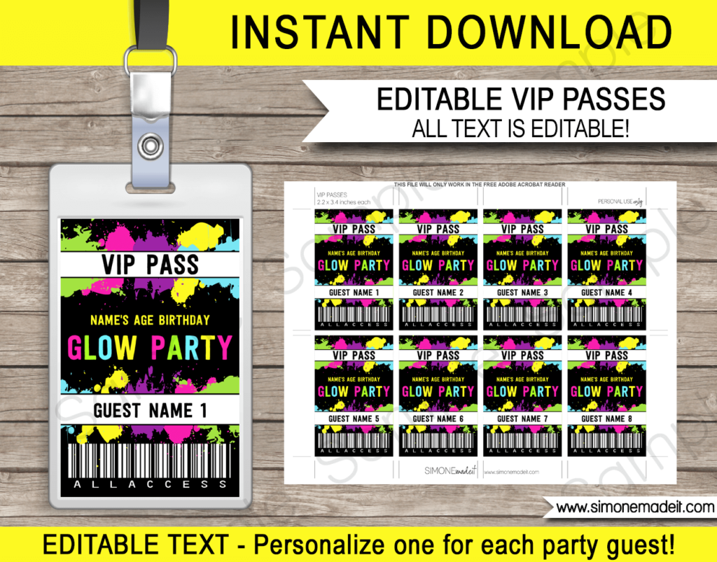 Neon Glow Party VIP Passes Printable Neon Glow Birthday Decorations