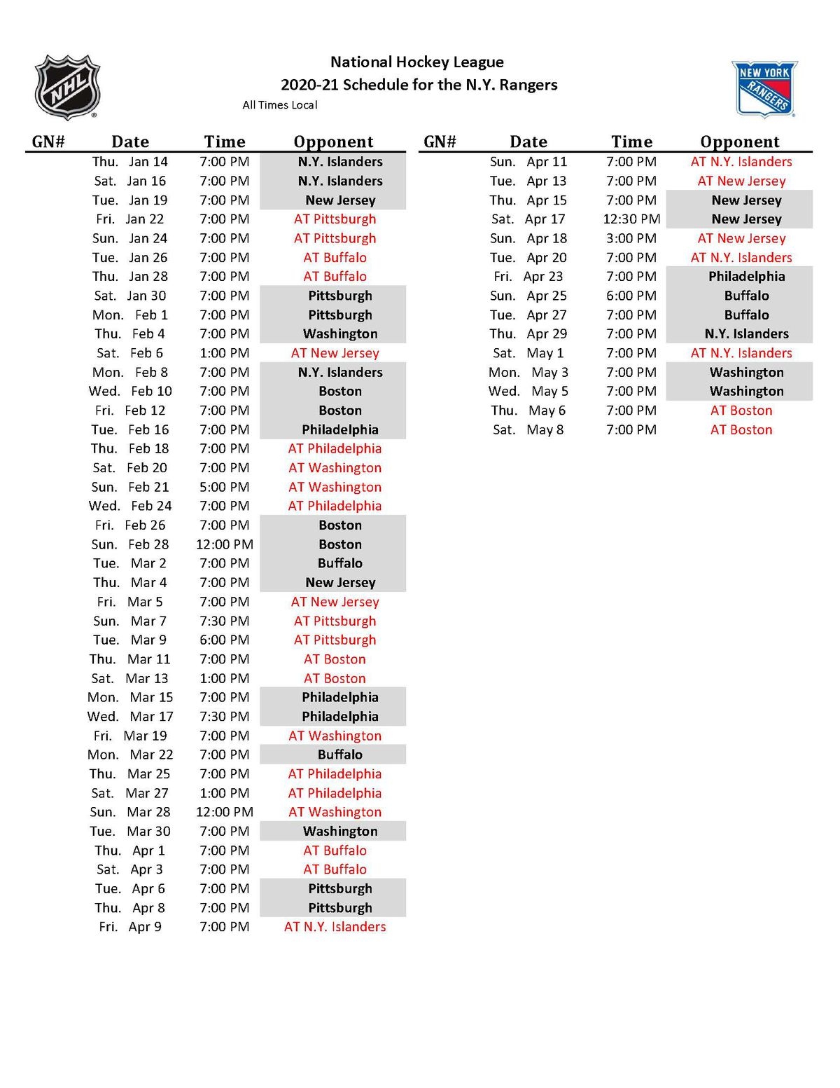 New York Rangers Schedule Printable