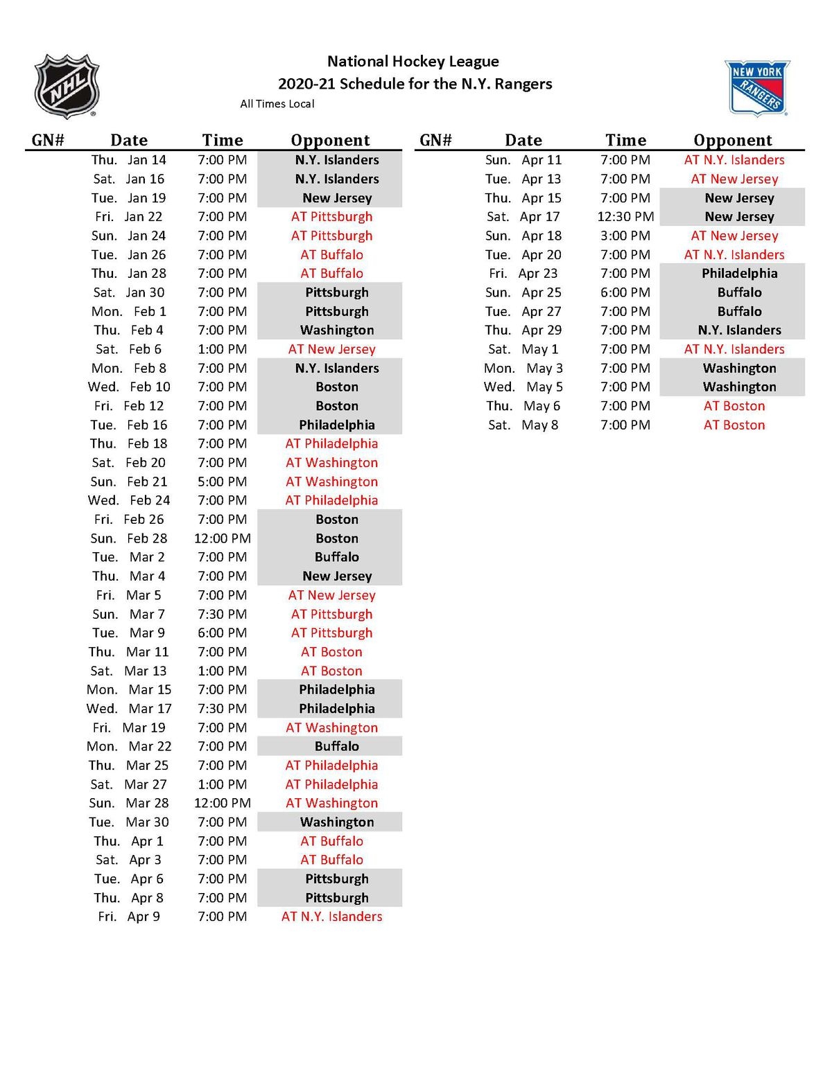 New York Rangers Printable Schedule