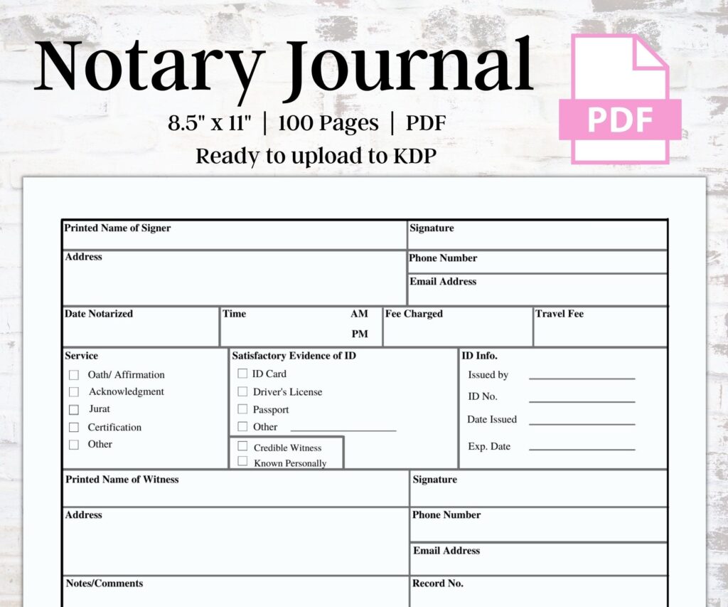 Notary Journal Notary Record Log Book Instant Download Etsy Notary Notary Supplies Book Log