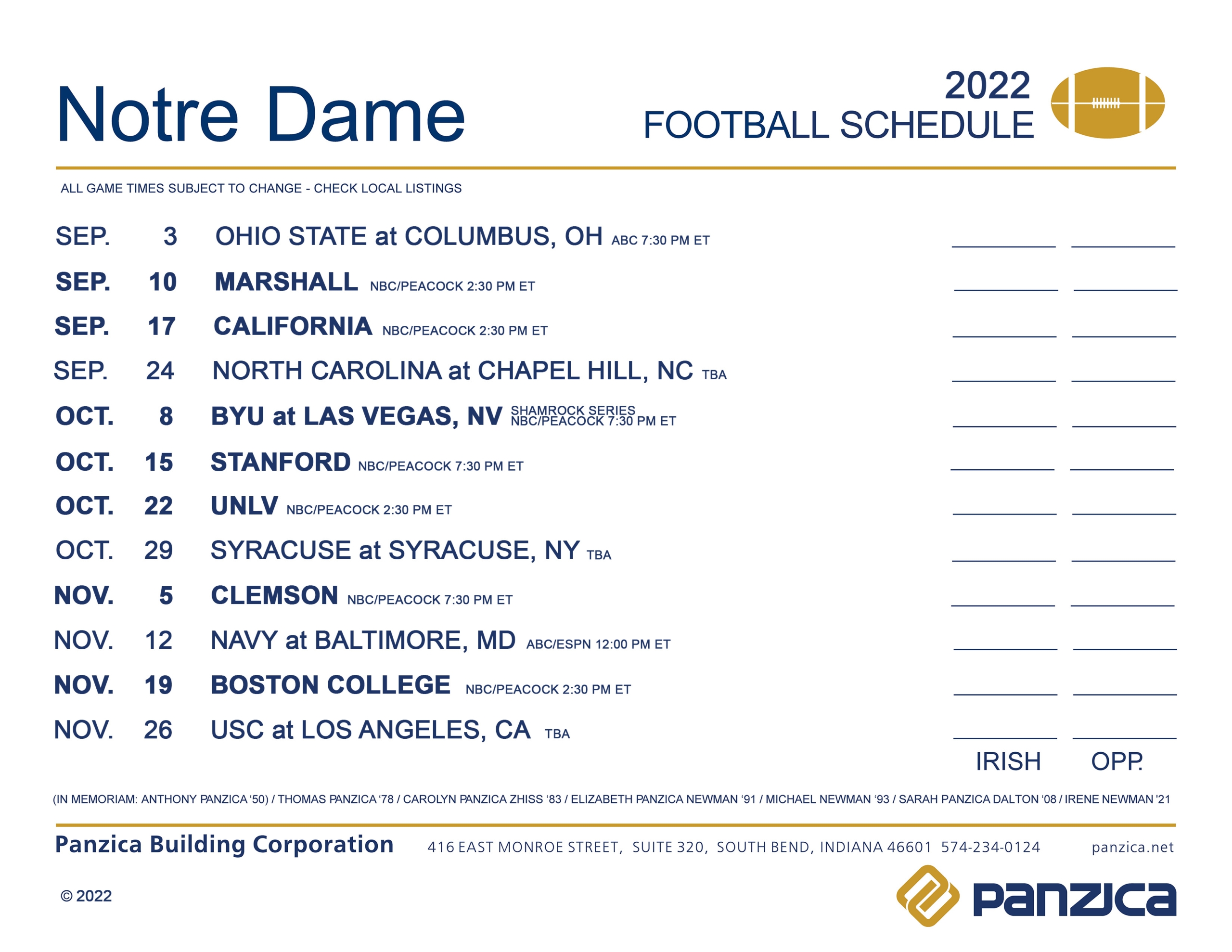 Printable Notre Dame Schedule