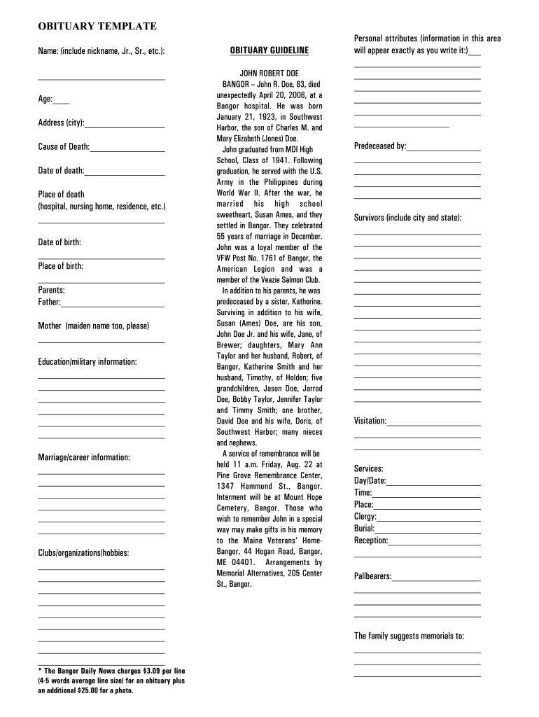 Obituary Template Fill Online Printable Fillable Blank PdfFiller