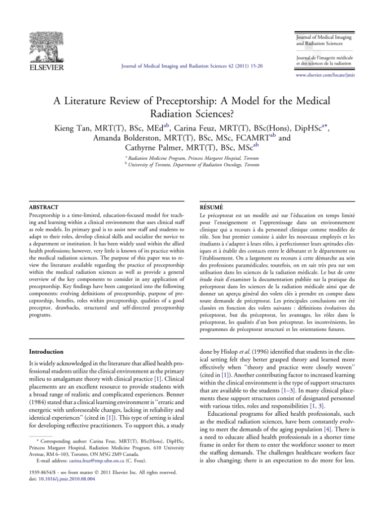 PDF A Literature Review Of Preceptorship A Model For The Medical Radiation Sciences 