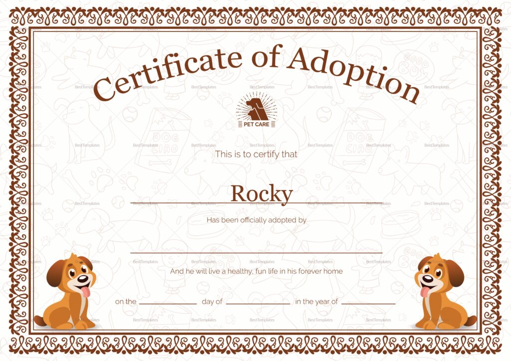 Blank Pet Adoption Certificate Free Printable