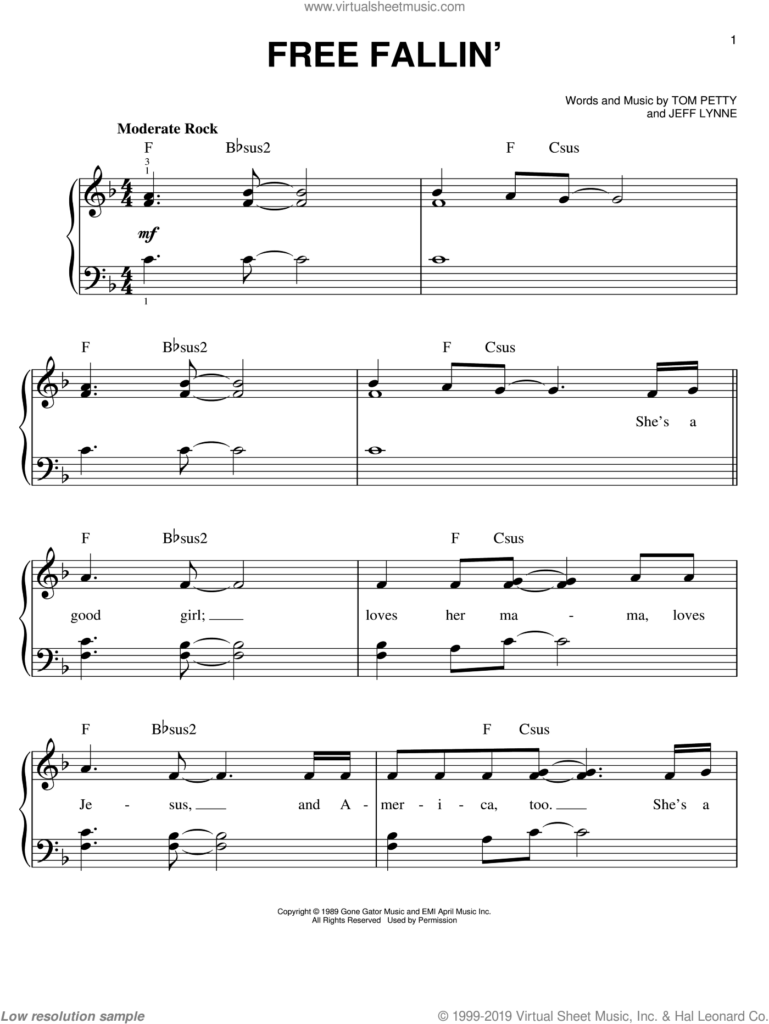 Petty Free Fallin Sheet Music easy For Piano Solo PDF 
