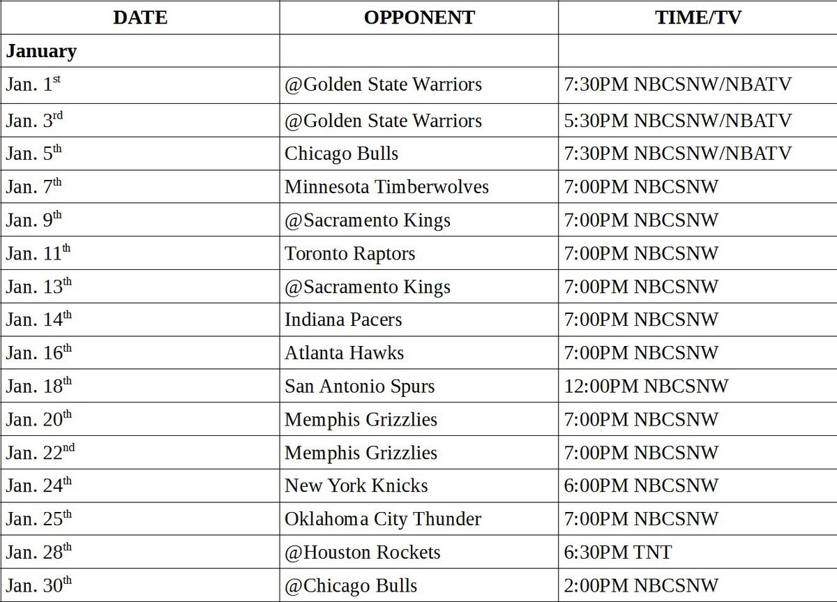 Printable Portland Trail Blazers Schedule