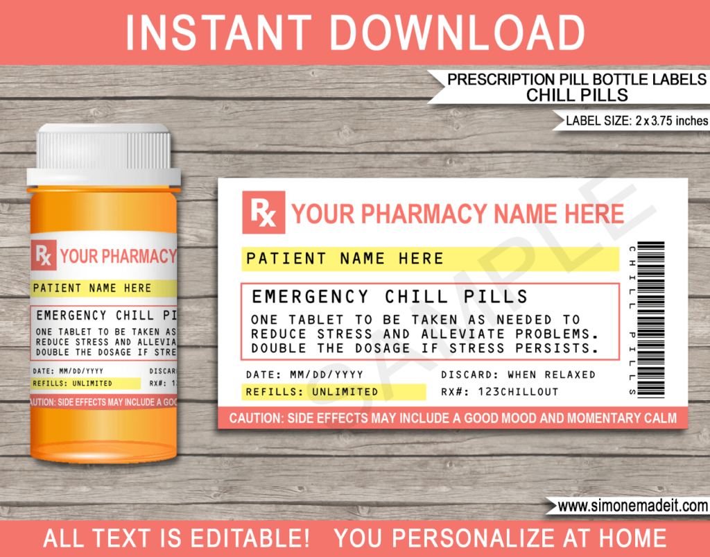 Prescription Chill Pill Labels Template Emergency Chill Pills Gag Gift