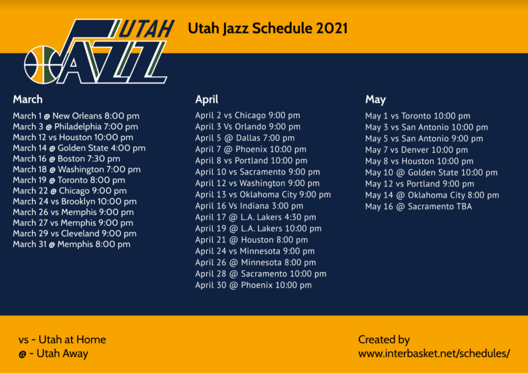 Printable 2020 21 Utah Jazz Schedule TV Game Schedule Updated March 2021 Interbasket