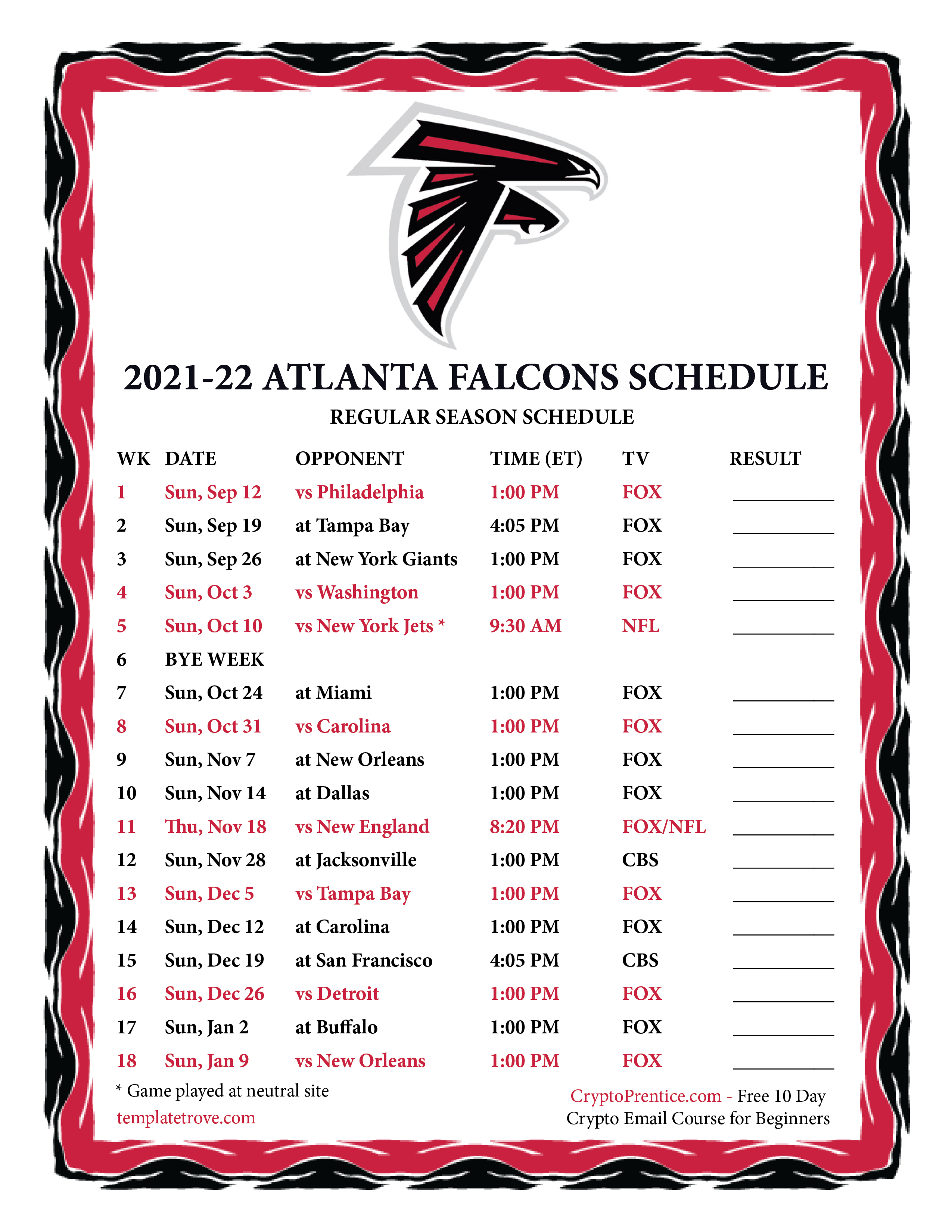 Printable 2022 2023 Atlanta Falcons Schedule