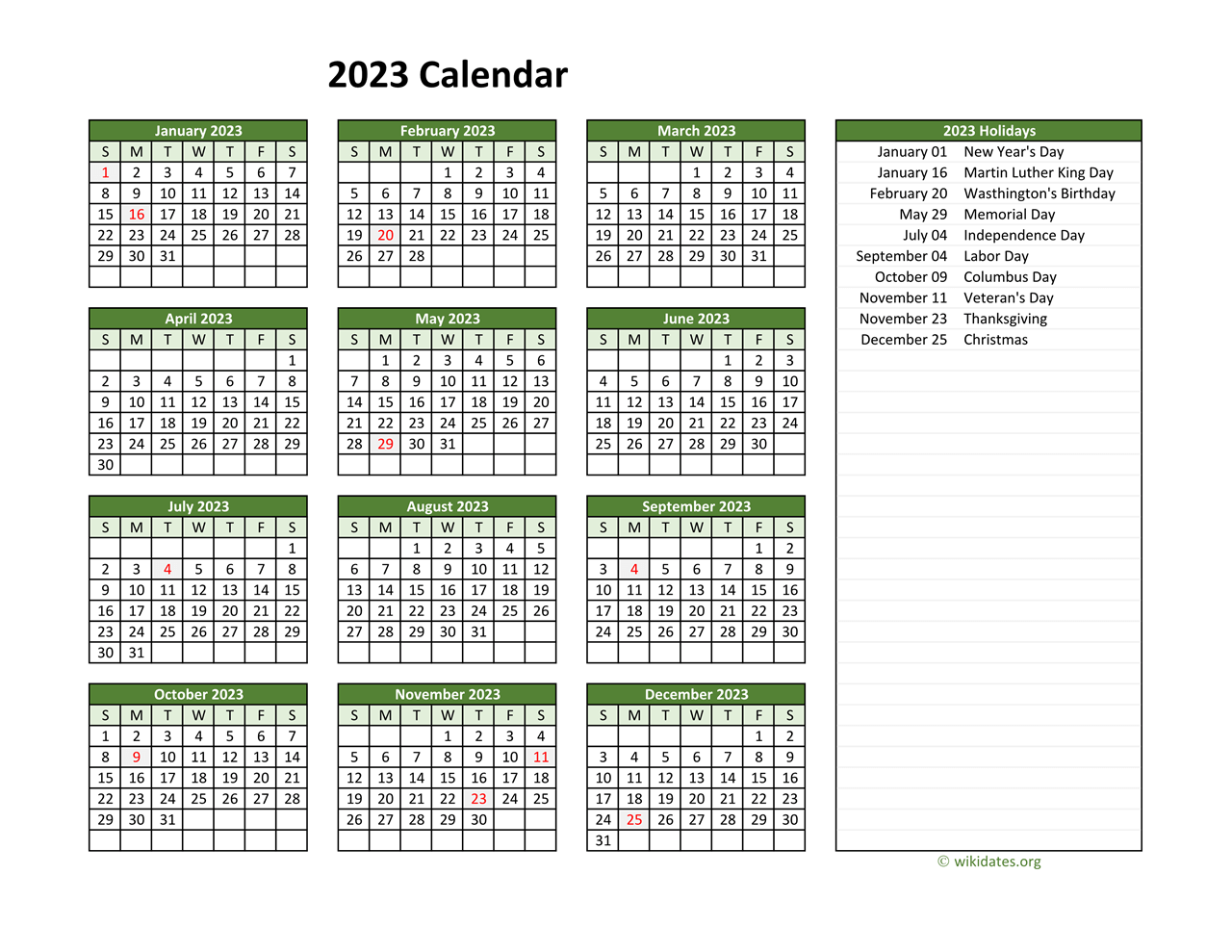 2023 Federal Holiday Calendar Printable