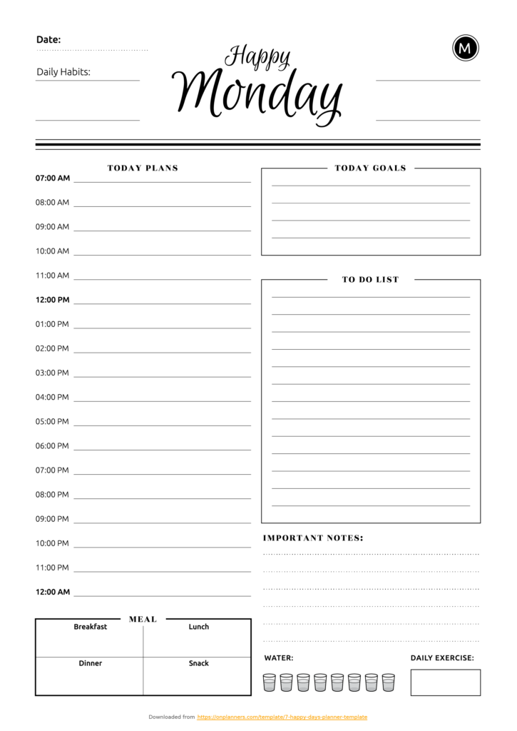 Printable 7 Happy Days Planner Template PDF Download Free Daily Planner Daily Work Planner Day Planner Template