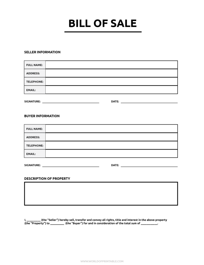 Printable Bill Of Sale World Of Printables