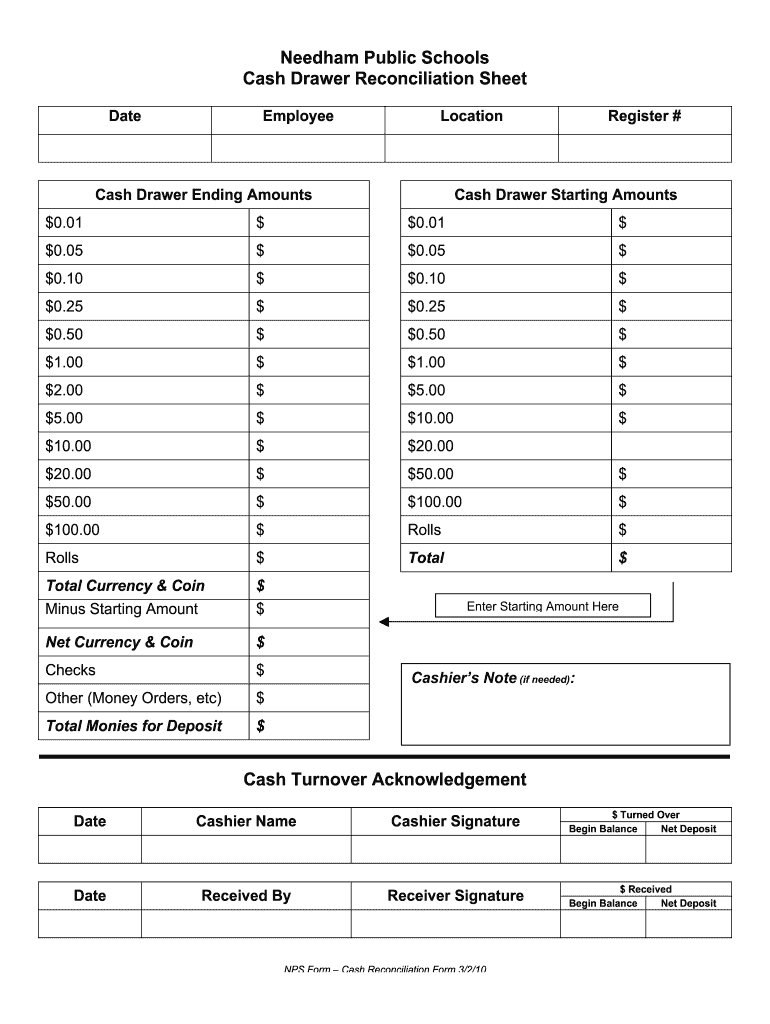 Printable Cash Drawer Count Sheet Fill Out Sign Online DocHub