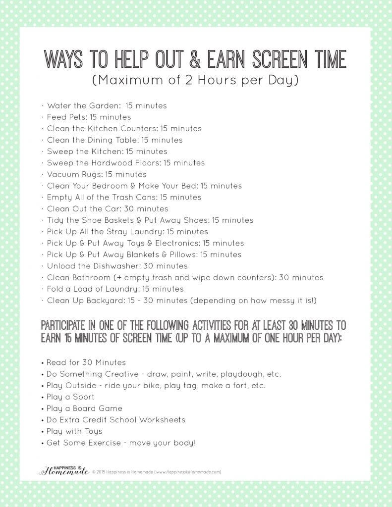 Printable Chore List To Earn Screen Time Happiness Is Homemade