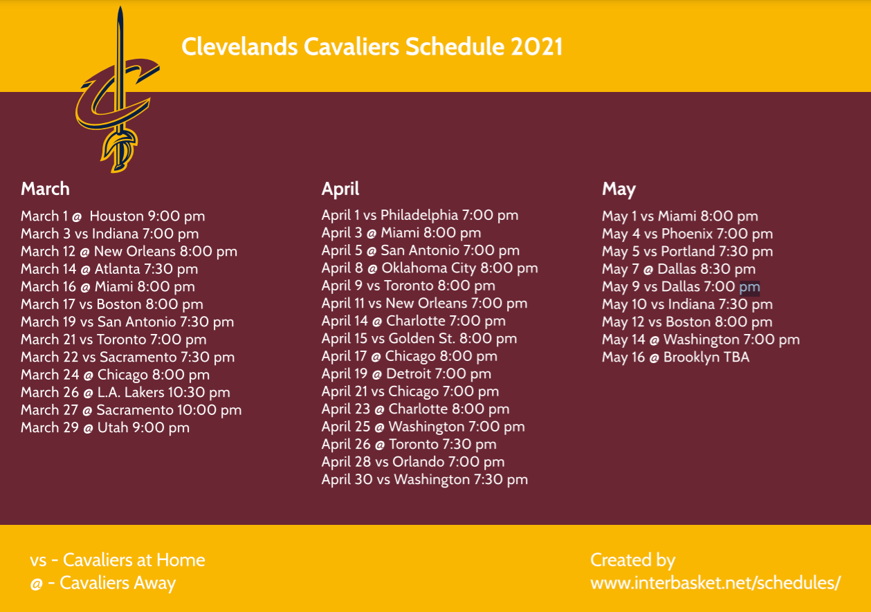 Cleveland Cavaliers Schedule Printable
