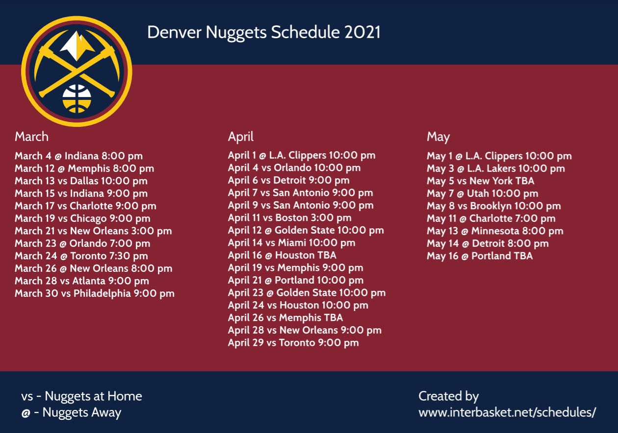 Printable Denver Nuggets Schedule TV Schedule For 2020 21 Season updated Interbasket