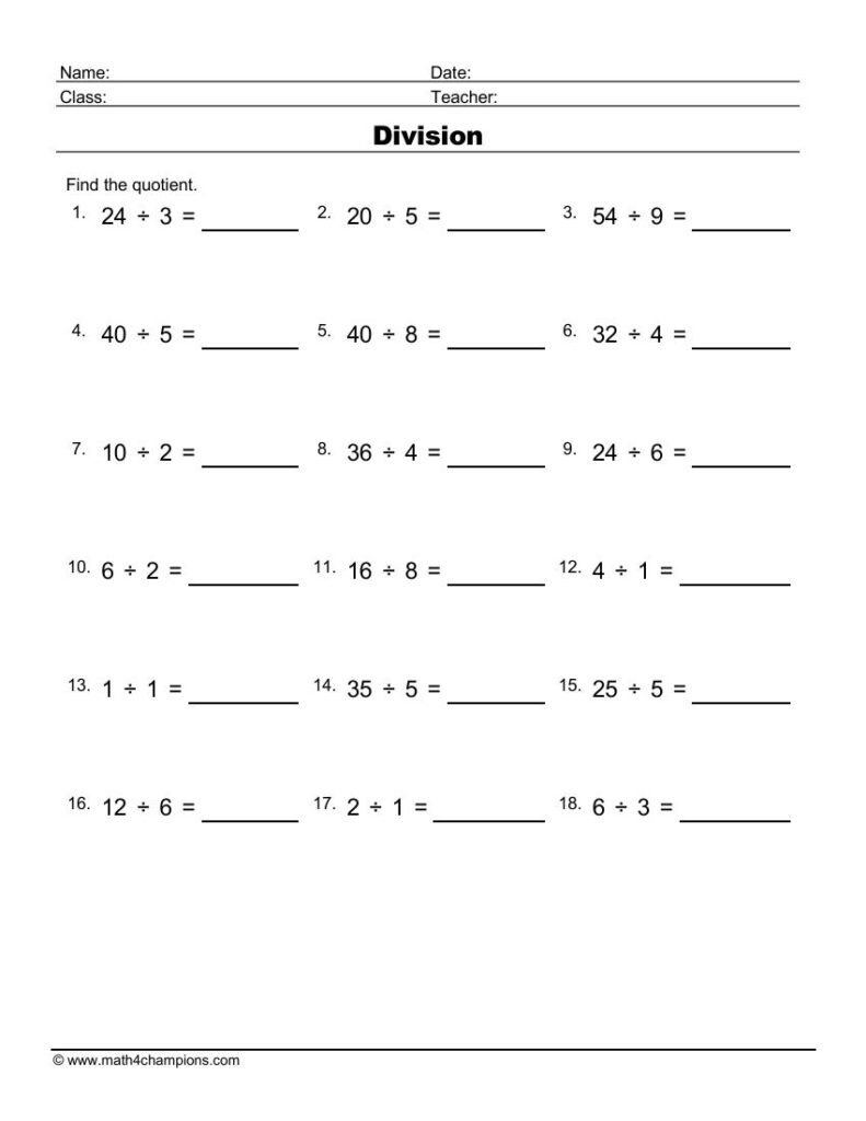 Printable Division Worksheets For Teachers Math Champions