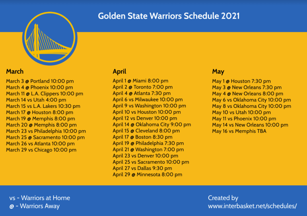 Printable Golden State Warriors Schedule TV Schedule For 2020 21 Season Updated March Interbasket
