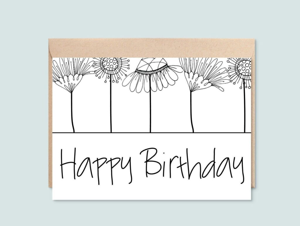 Printable Happy Birthday Card Black And White Floral Line Etsy Happy Birthday Cards Printable Happy Birthday Cards Diy Birthday Cards