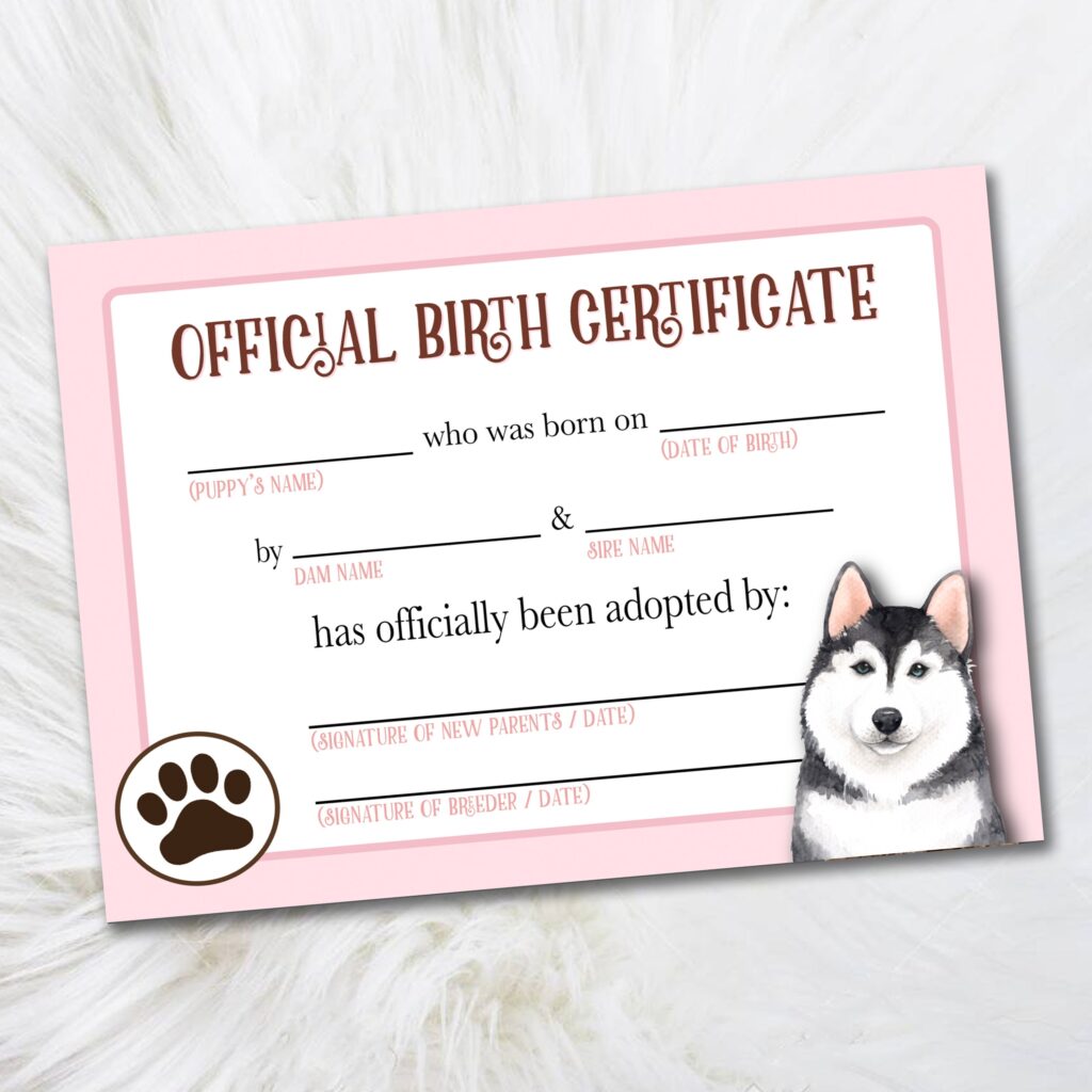 Printable Husky Birth Certificate Certificate Of Adoption Etsy sterreich