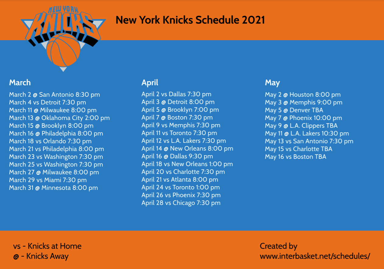 Printable New York Knicks Schedule Free NYK TV Schedule For 2020 21 NBA Season Interbasket
