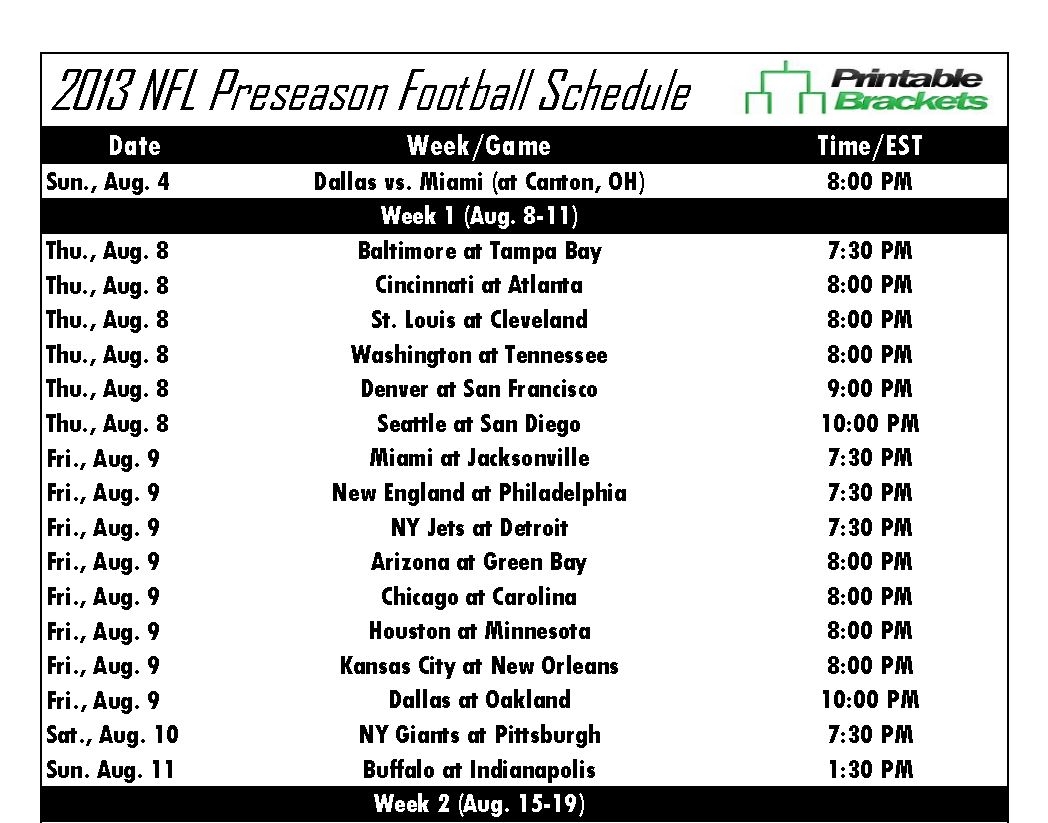 Printable NFL Preseason Schedule Released As Start Of Regular Season Draws Near