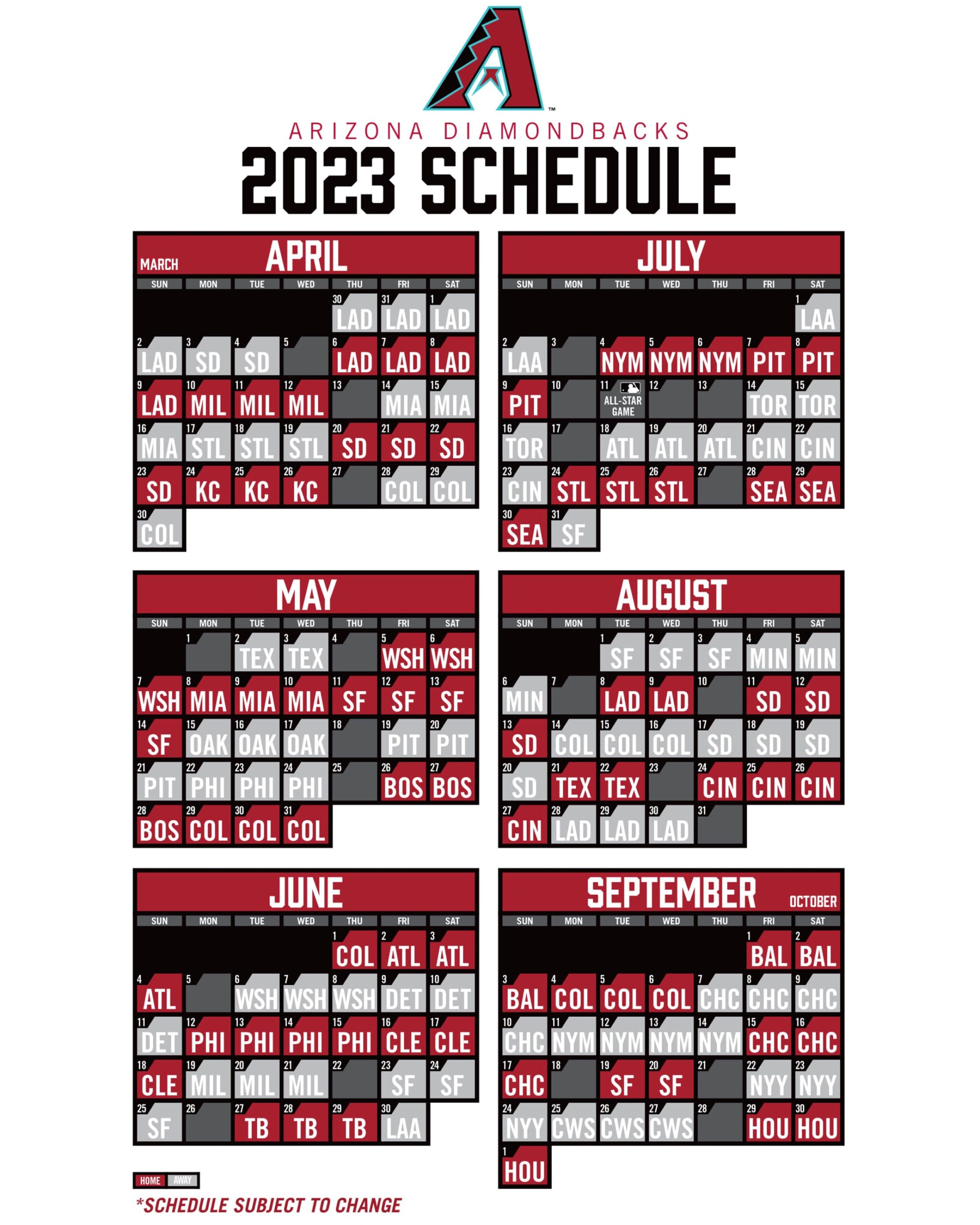 Printable Schedule Arizona Diamondbacks