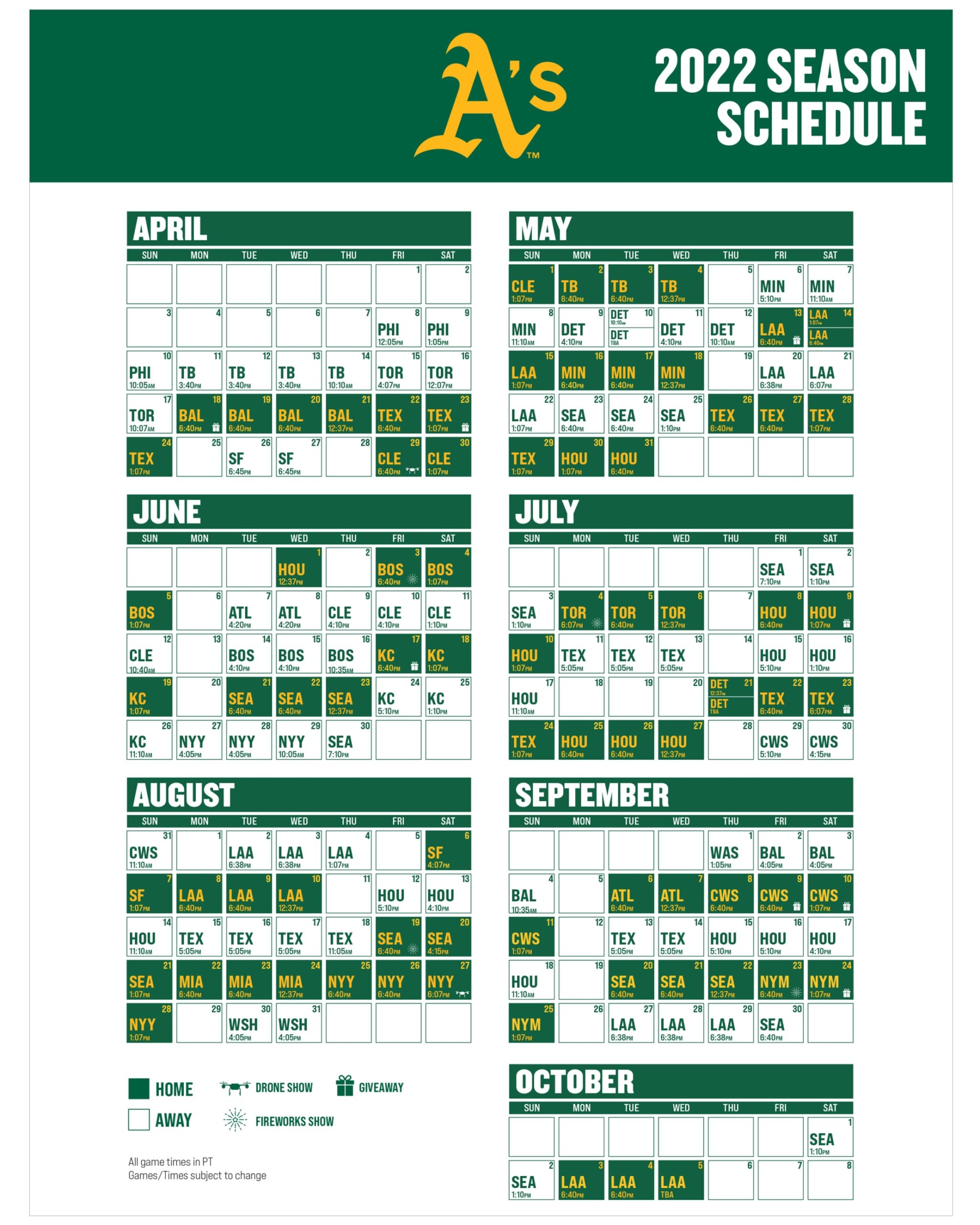 Printable Schedule Los Athletics De Oakland