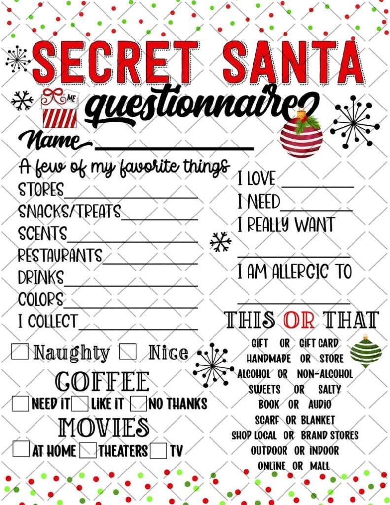 PRINTABLE Secret Santa Questionnaire Printable Shopping List Etsy Christmas Gift Exchange Christmas Printables Christmas Gift Games