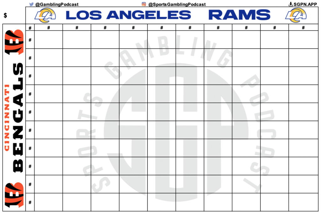 Printable Super Bowl 56 Squares Grid Cincinnati Bengals Vs Los Angeles Rams Sports Gambling Podcast