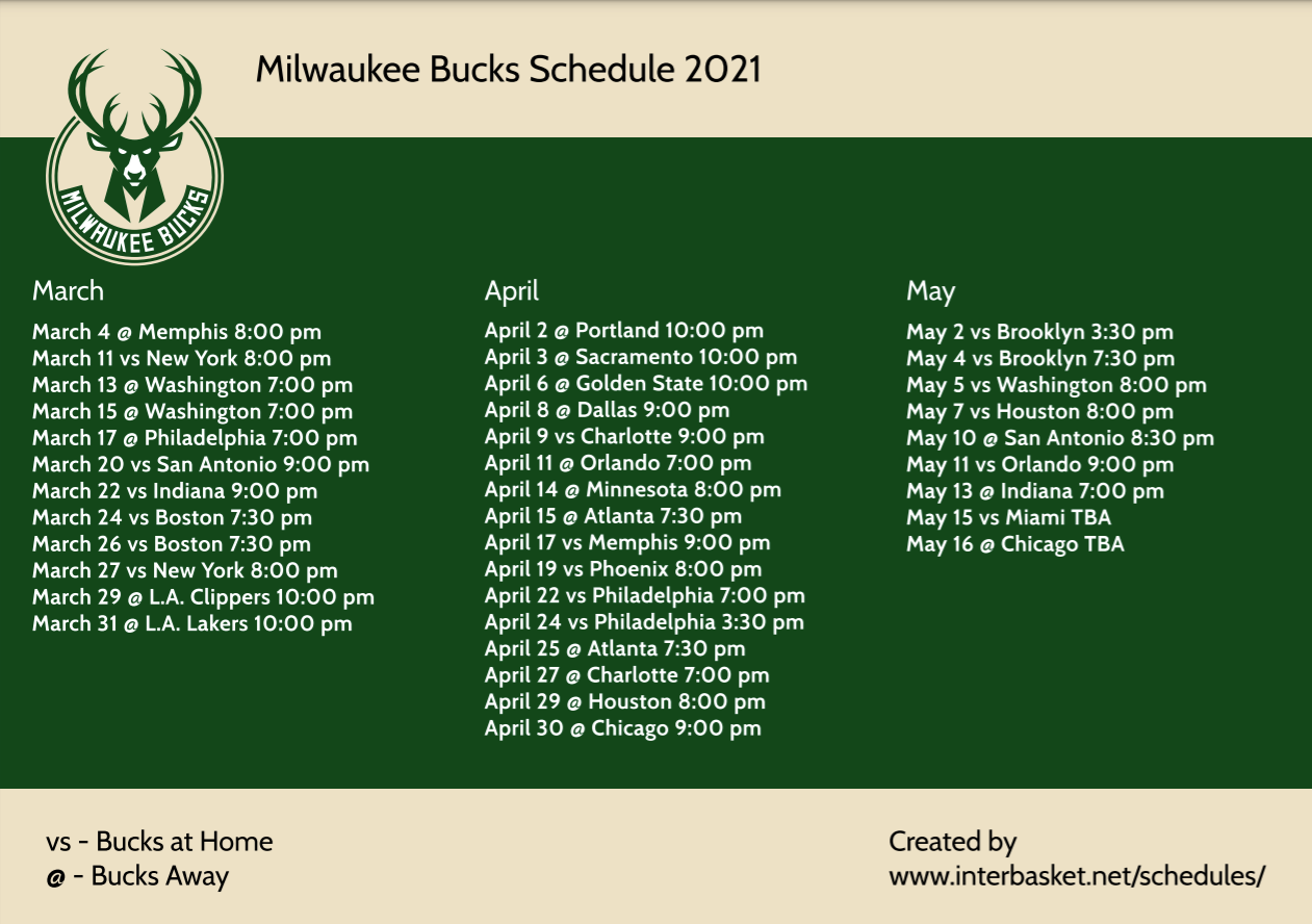 Printable Updated Milwaukee Bucks Schedule TV Schedule For 2021 NBA Season Interbasket