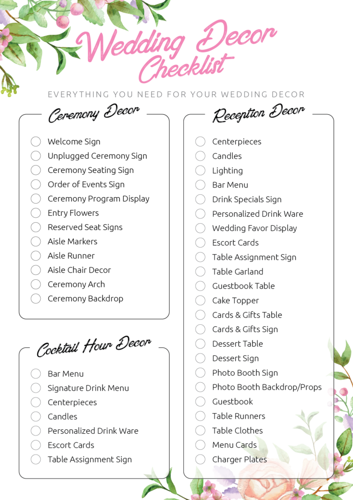 Free Printable Wedding Decor Checklist - Free Printable Templates