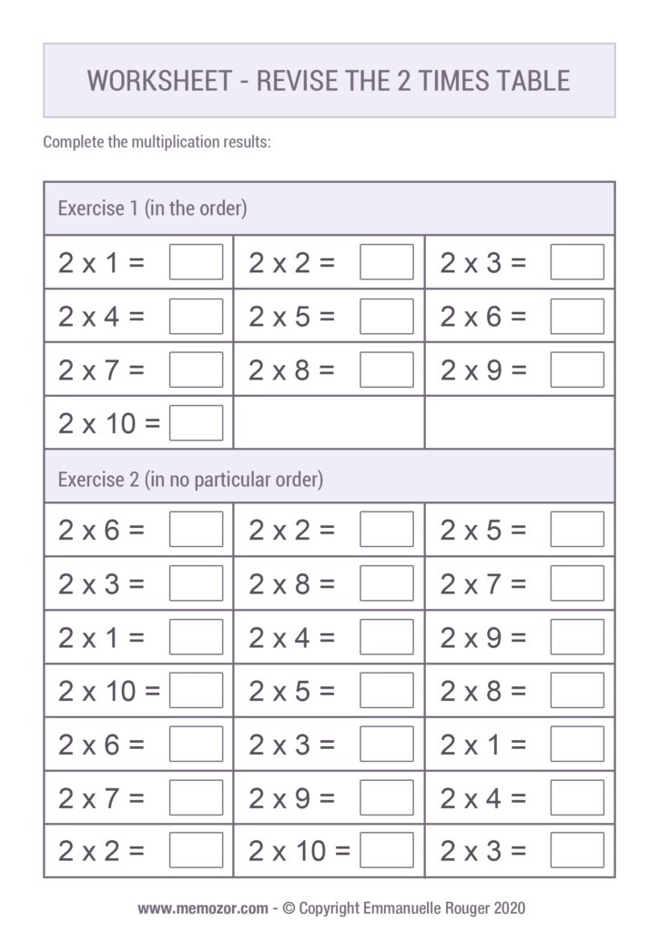 Printable Worksheet Revise The 2 Times Table Memozor