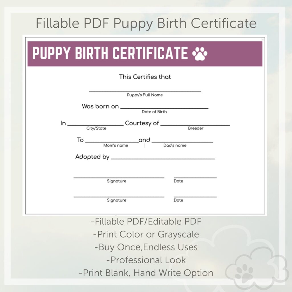 Puppy Birth Certificate Plum Etsy de