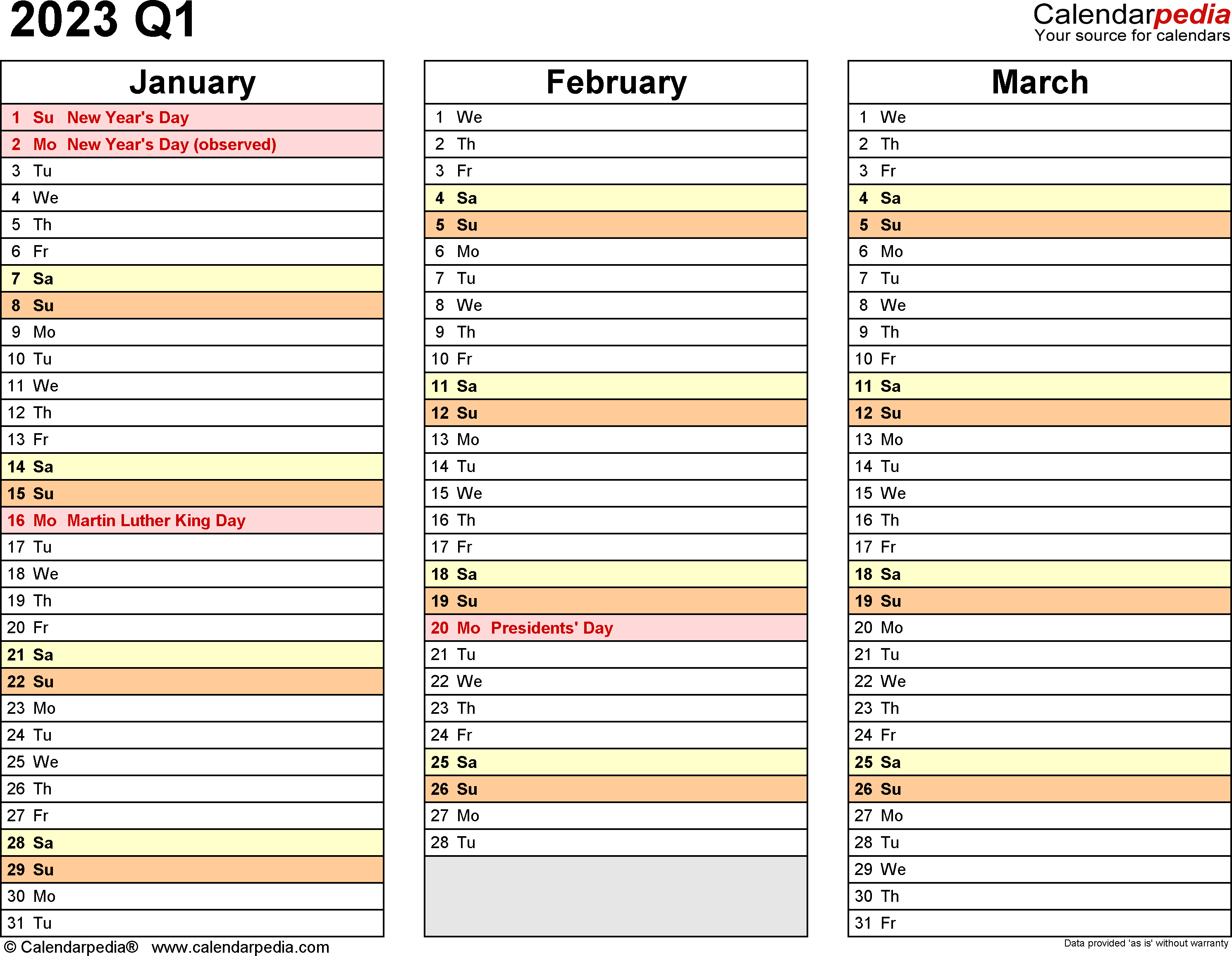 Free Printable Quarterly Calendar 2023