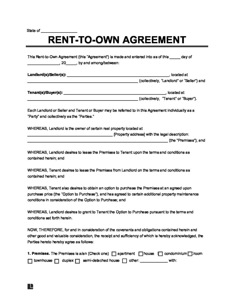 Rent to Own Lease Agreement Legal Templates