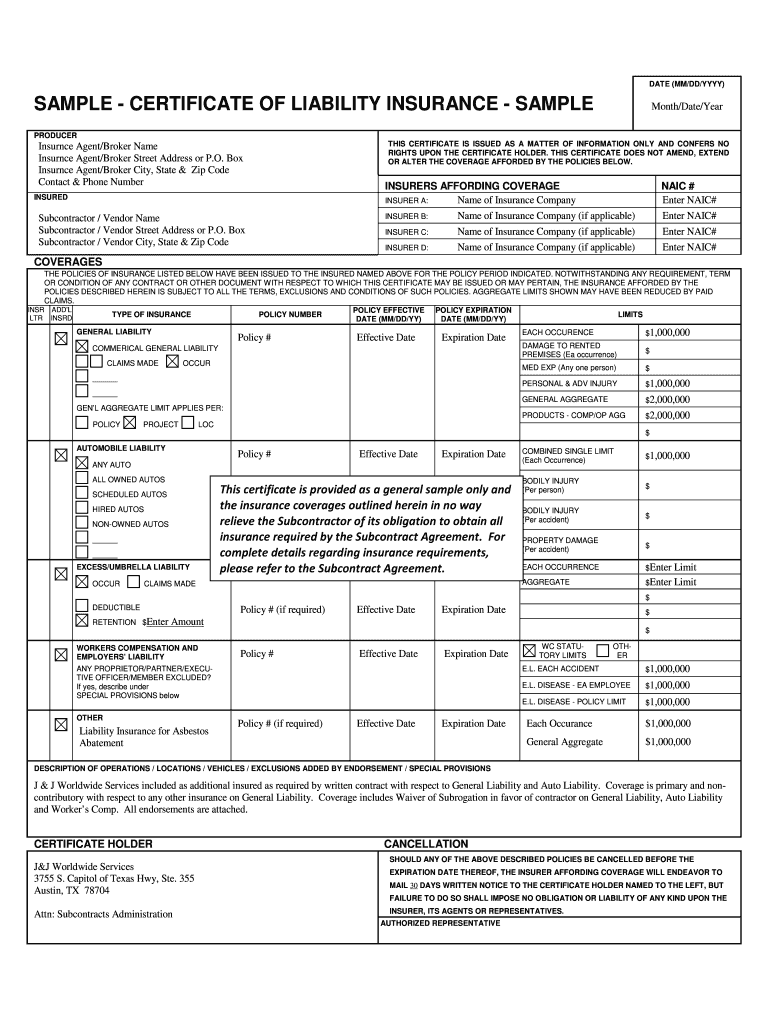 Sample Certificate Of Liability Insurance Fill Out Sign Online DocHub