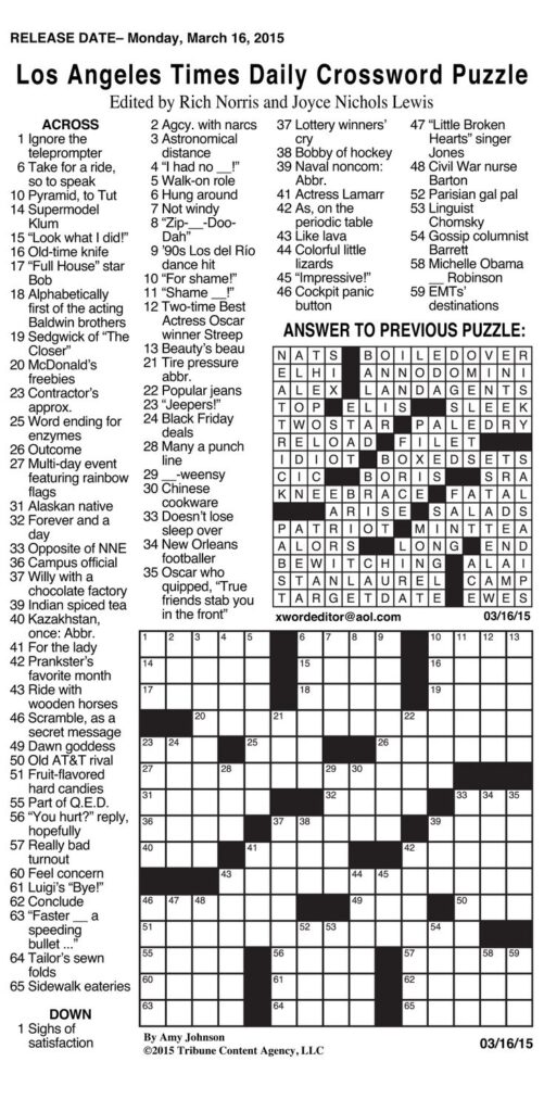 Sample Of Los Angeles Times Daily Crossword Puzzle Tribune Content Agency March 25 2015 Crossword Puzzles Crossword Printable Crossword Puzzles