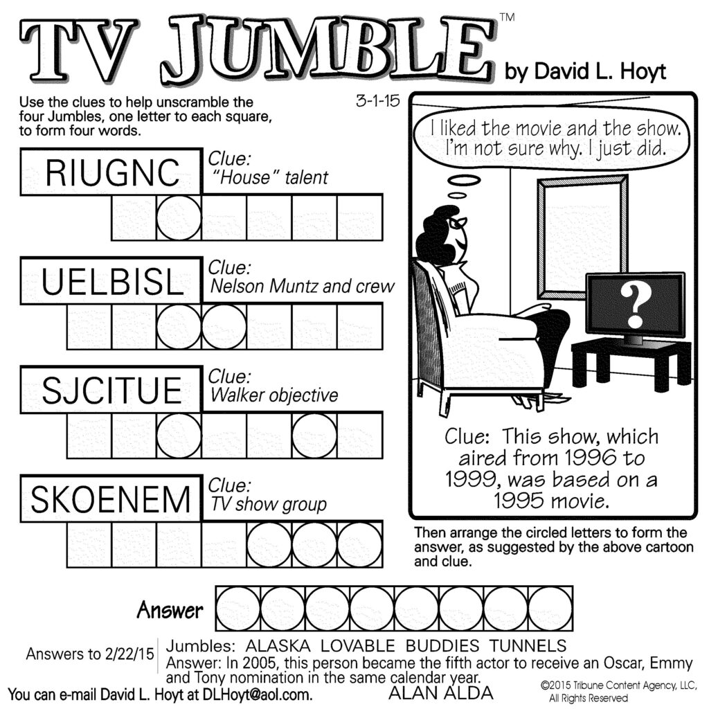 Sample Of TV Jumble Square Tribune Content Agency March 1 2015 Jumble Word Puzzle Jumbled Words Jumble Puzzle