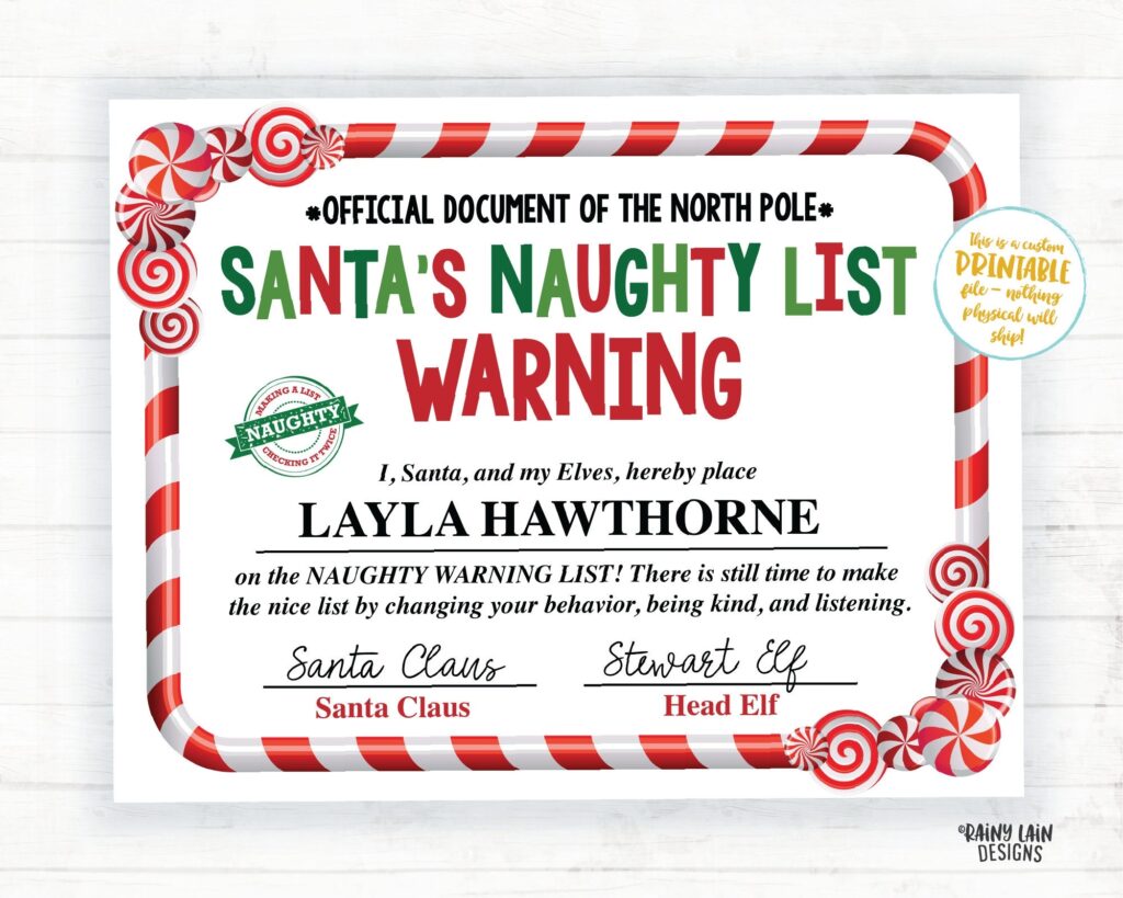 Santa Certificate Printable Naughty List Warning Santa s Etsy